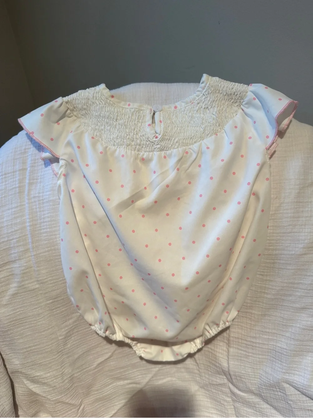 White & Pink Polka Dot Baby Bubble with Birthday Smocking